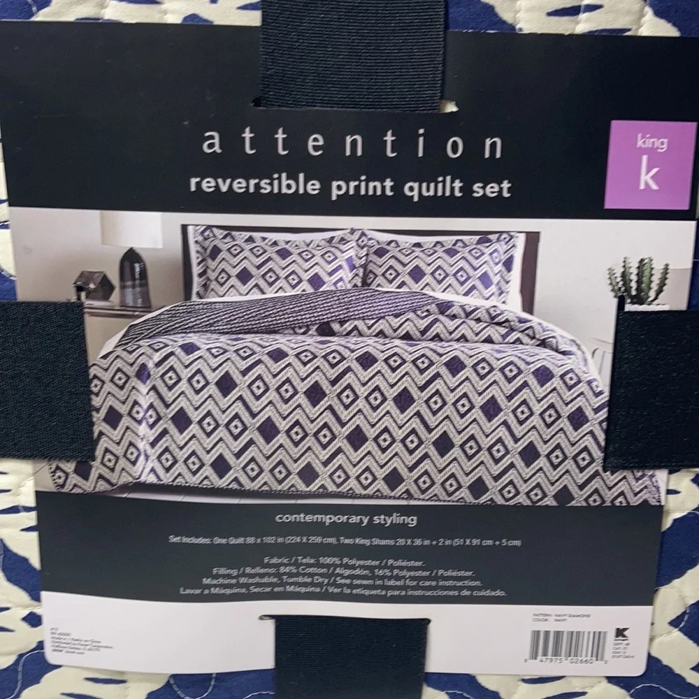 Attention Reversible Quilt Set King NWT Contemporary Styling Diamond Blue
